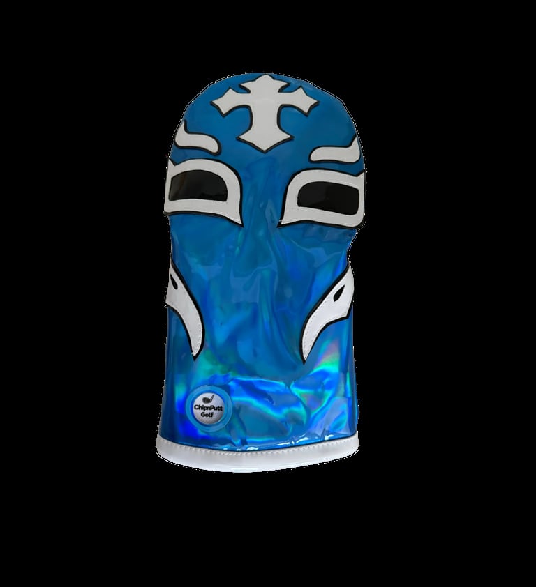 Blue and white lucha libre wrestling mask with metallic accents on black background