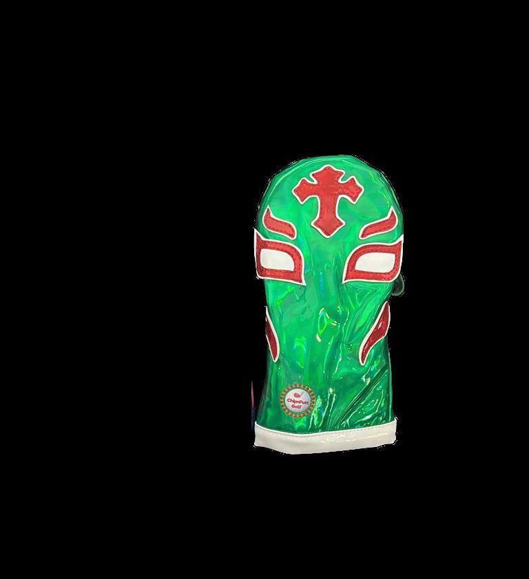 Green and red luchador wrestling mask with cross design and white eye and mouth openings