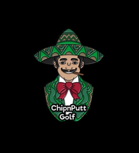 ChipnPutt Golf logo featuring a smiling man in a green sombrero with a red bow tie on a black background