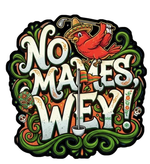 Colorful retro design with No Mames Wey text, red chili pepper wearing sombrero, decorative green scrollwork border, and ornamental elements