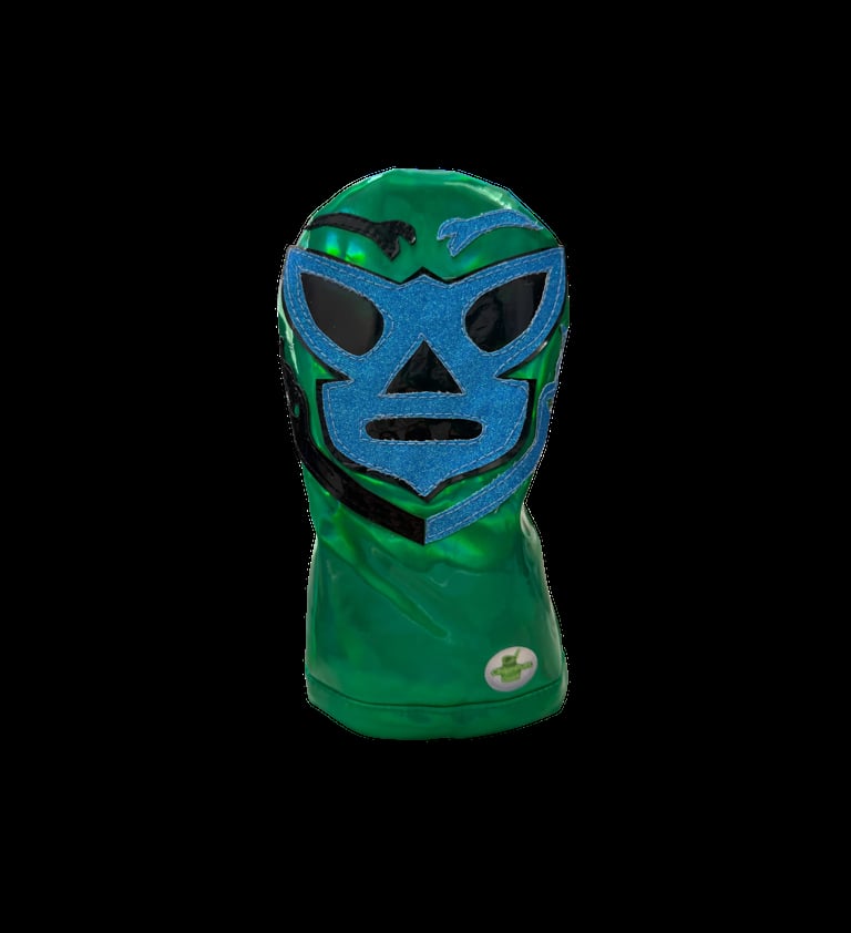 Blue and green wrestler mask with black eye patches and mouth, attached to green fabric body on black background