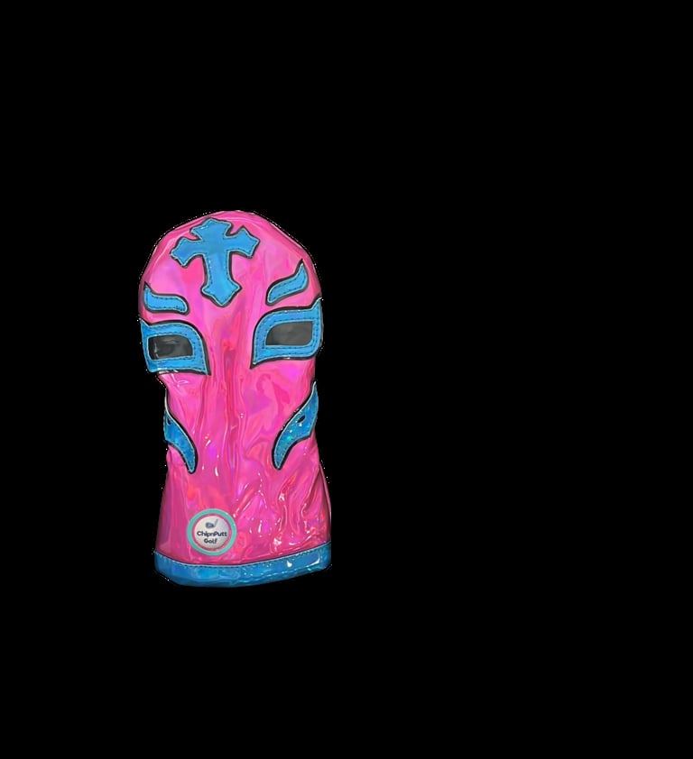 Bright pink and turquoise wrestling mask figure toy on black background