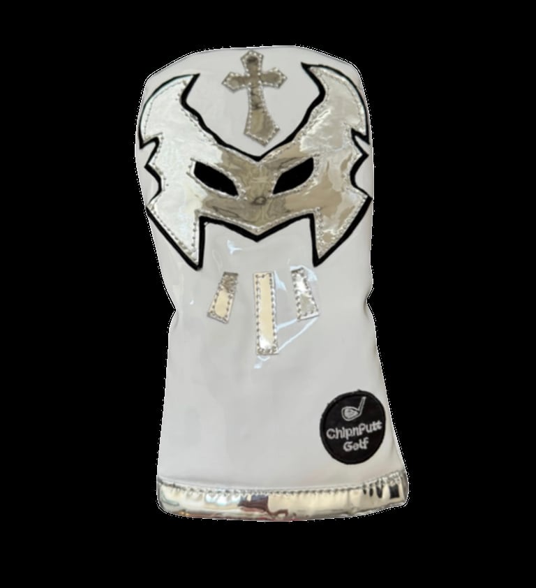 White golf club head cover with angry face design, cross symbol, and decorative beading