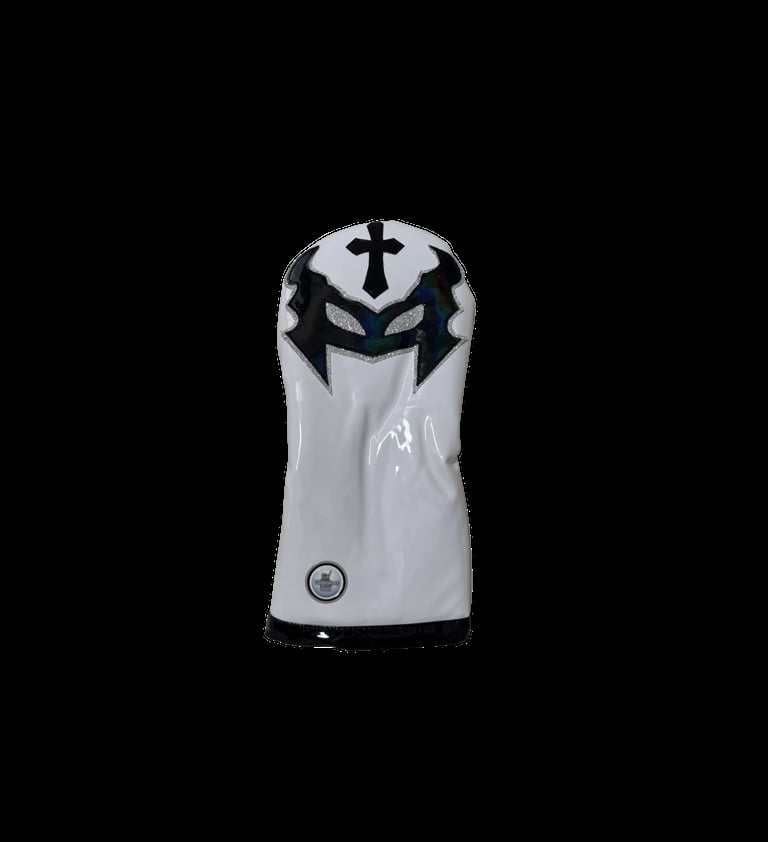 White textured golf club headcover with black cross and wing design on top