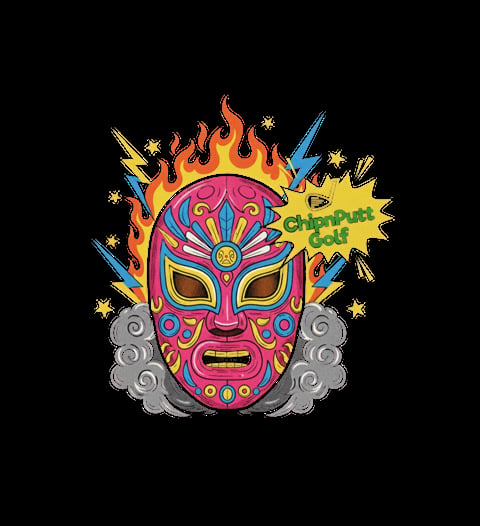 Colorful ornate mask with flames, lightning, and stars, featuring vibrant pink and blue patterns with text saying Chupacabra