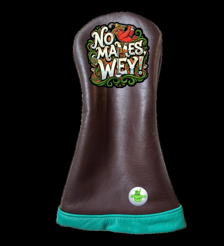 Brown leather golf club head cover with No Mas Wey cartoon logo and teal trim at the base